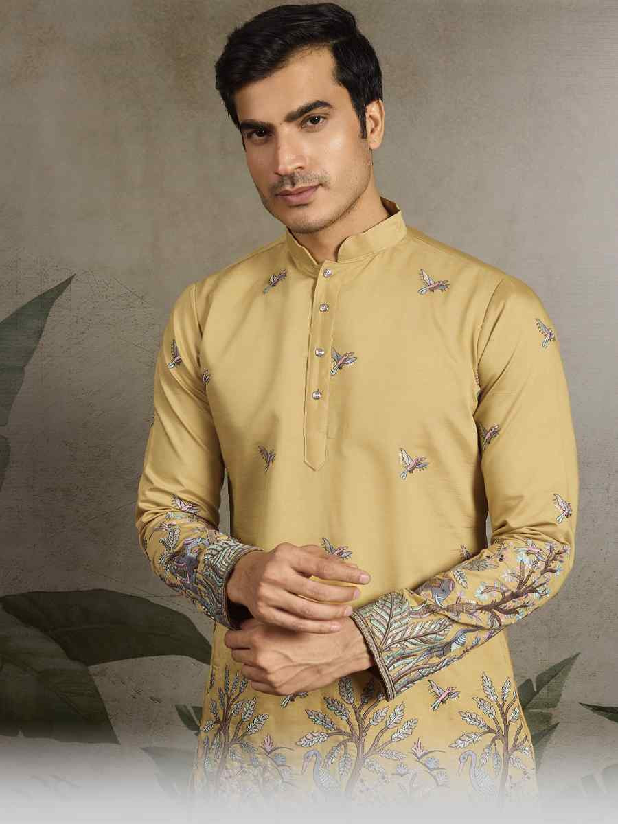 Yellow Viscose Silk Embroidery And Printed Festival Wedding Party Mens Kurta