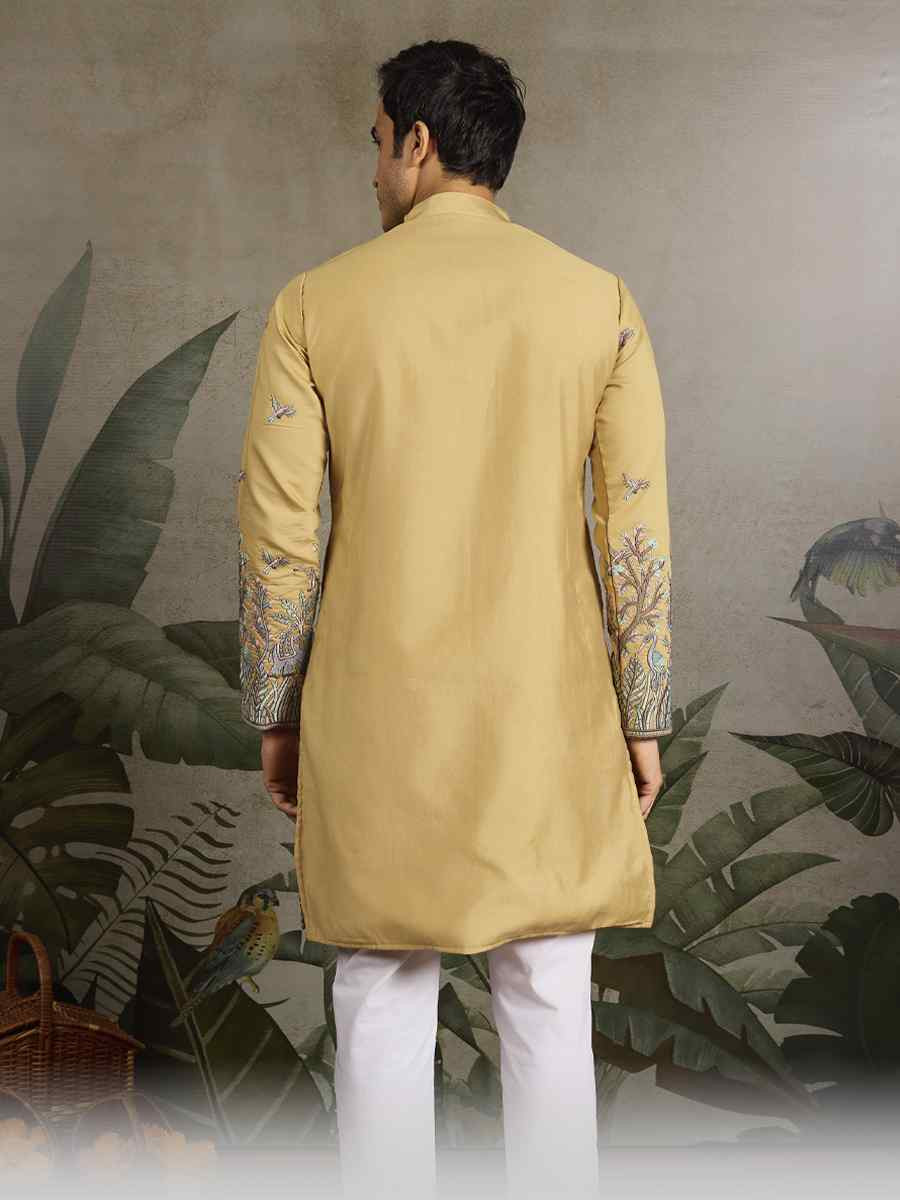 Yellow Viscose Silk Embroidery And Printed Festival Wedding Party Mens Kurta