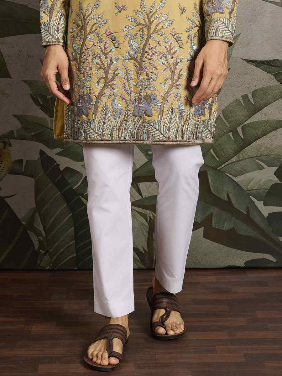 Yellow Viscose Silk Embroidery And Printed Festival Wedding Party Mens Kurta