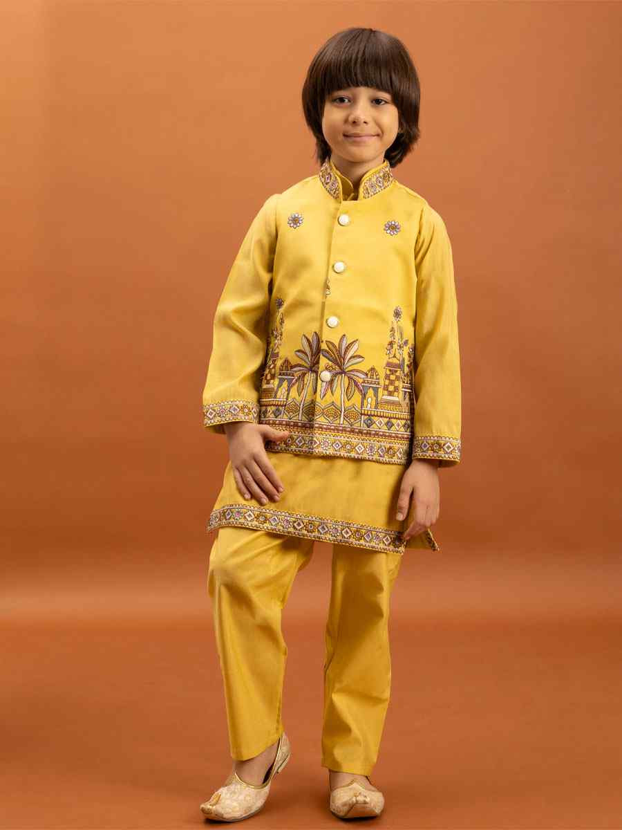 Yellow Viscose Silk Embroidery Festival Traditional Kurta Pyjama Boys Wear