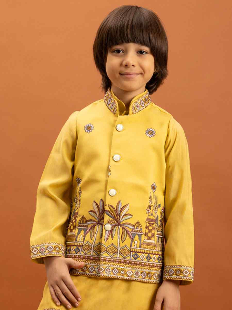 Yellow Viscose Silk Embroidery Festival Traditional Kurta Pyjama Boys Wear