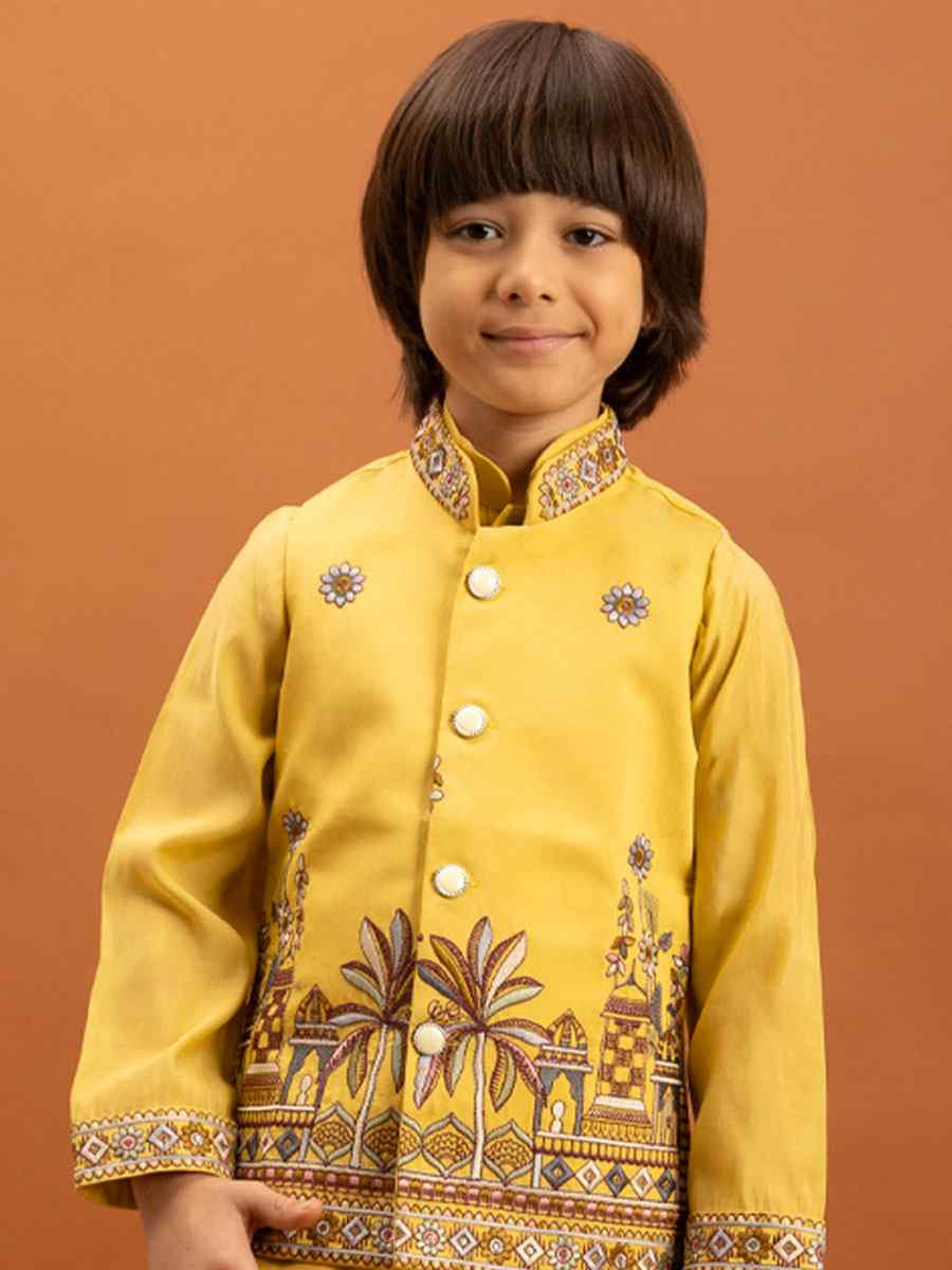 Yellow Viscose Silk Embroidery Festival Traditional Kurta Pyjama Boys Wear