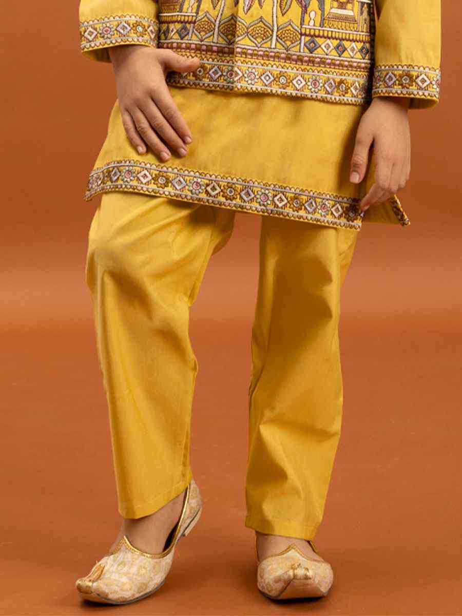 Yellow Viscose Silk Embroidery Festival Traditional Kurta Pyjama Boys Wear