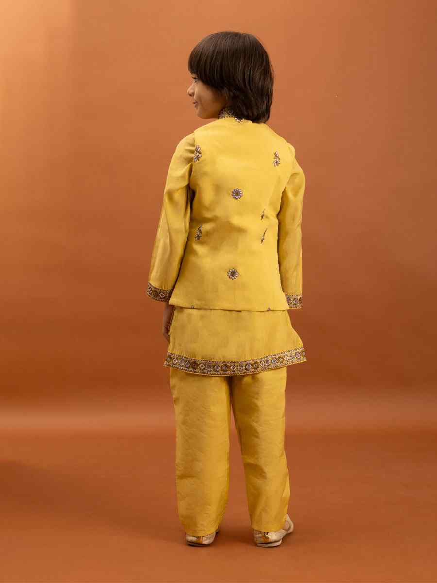 Yellow Viscose Silk Embroidery Festival Traditional Kurta Pyjama Boys Wear
