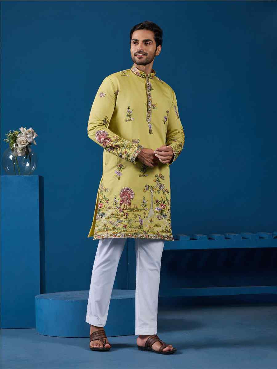 Yellow Viscose Silk Embroidery Festival Wedding Party Mens Kurta