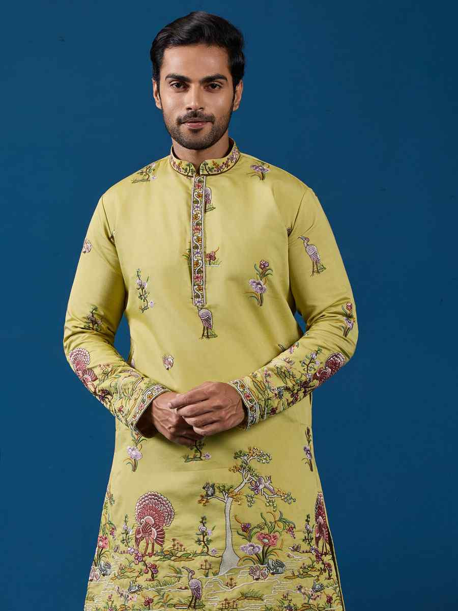 Yellow Viscose Silk Embroidery Festival Wedding Party Mens Kurta