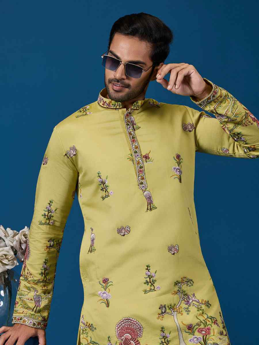 Yellow Viscose Silk Embroidery Festival Wedding Party Mens Kurta