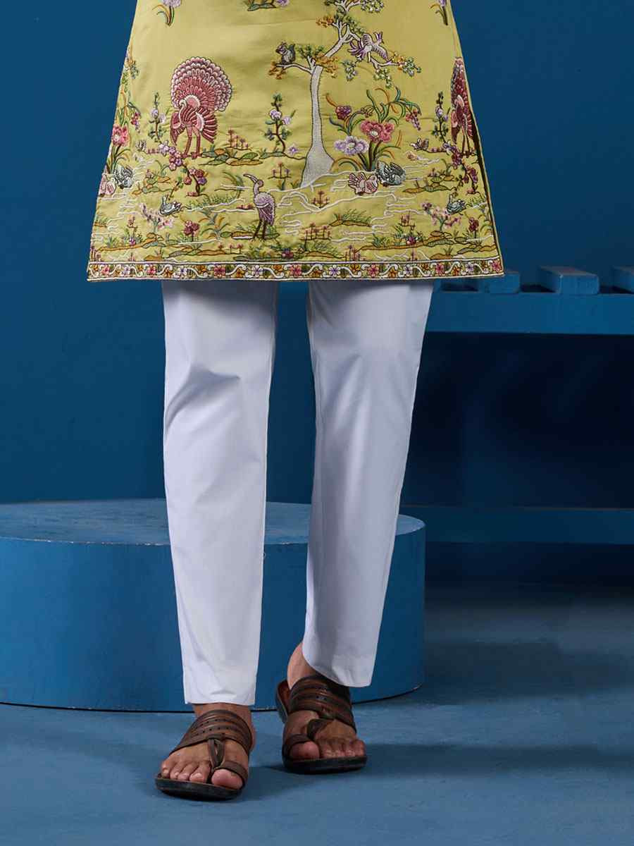 Yellow Viscose Silk Embroidery Festival Wedding Party Mens Kurta