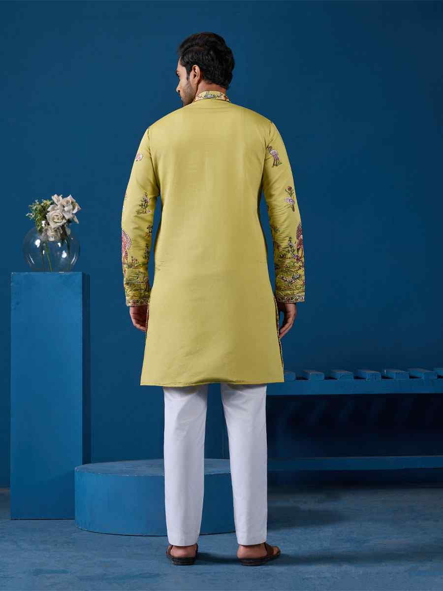 Yellow Viscose Silk Embroidery Festival Wedding Party Mens Kurta