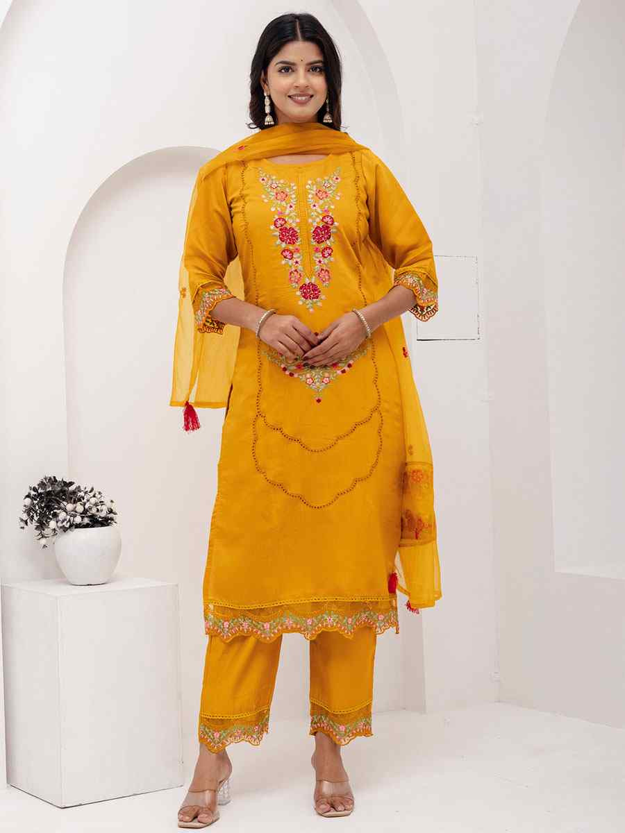 Yellow Viscose Silk Embroidery Party Wedding Festival Casual Ready Pant Salwar Kameez