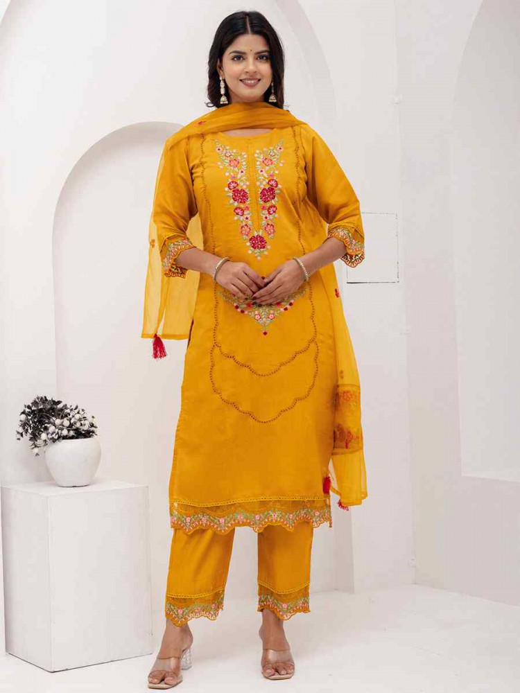 Image of Yellow Viscose Silk Embroidery Party Wedding Festival Casual Ready Pant Salwar Kameez