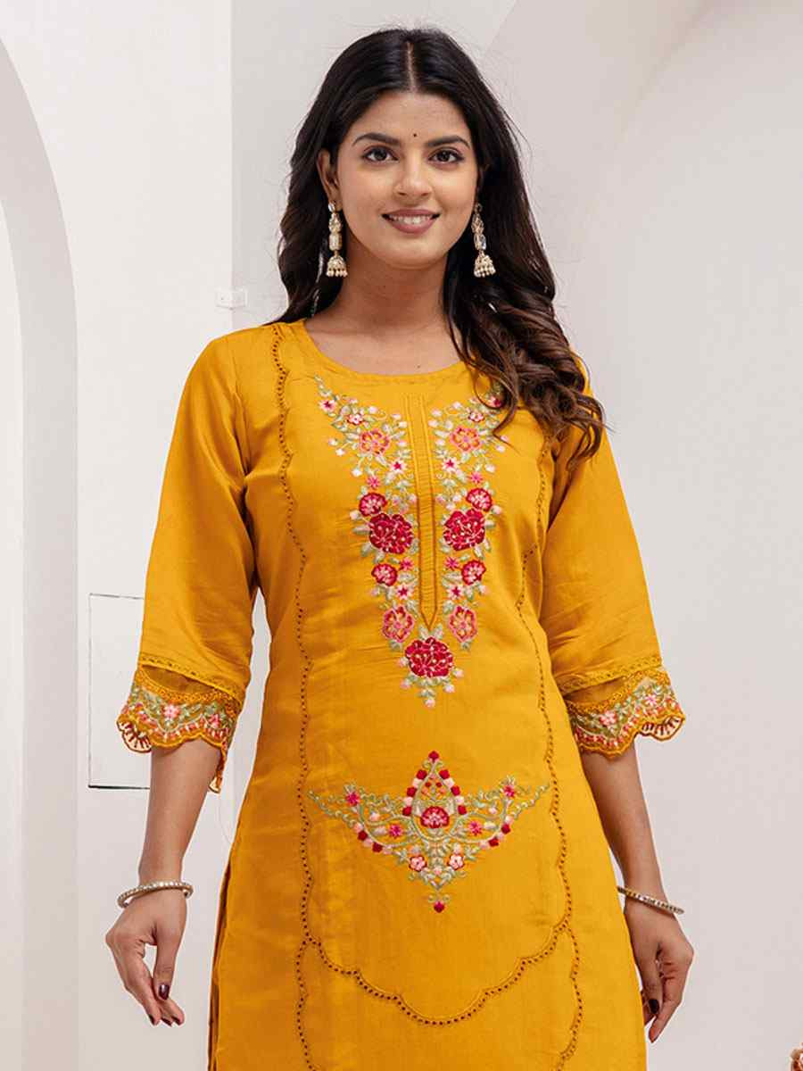 Yellow Viscose Silk Embroidery Party Wedding Festival Casual Ready Pant Salwar Kameez