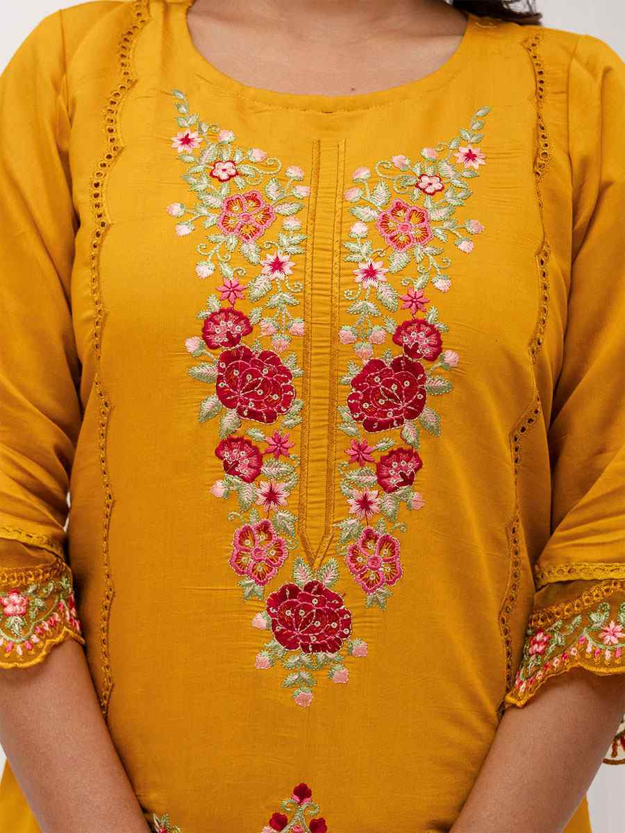 Yellow Viscose Silk Embroidery Party Wedding Festival Casual Ready Pant Salwar Kameez
