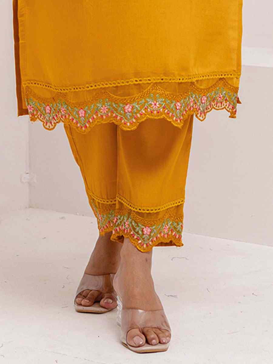 Yellow Viscose Silk Embroidery Party Wedding Festival Casual Ready Pant Salwar Kameez