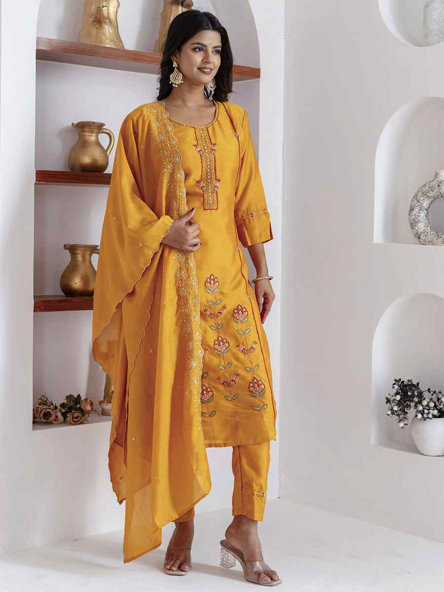 Yellow Viscose Silk Embroidery Party Wedding Festival Casual Ready Pant Salwar Kameez