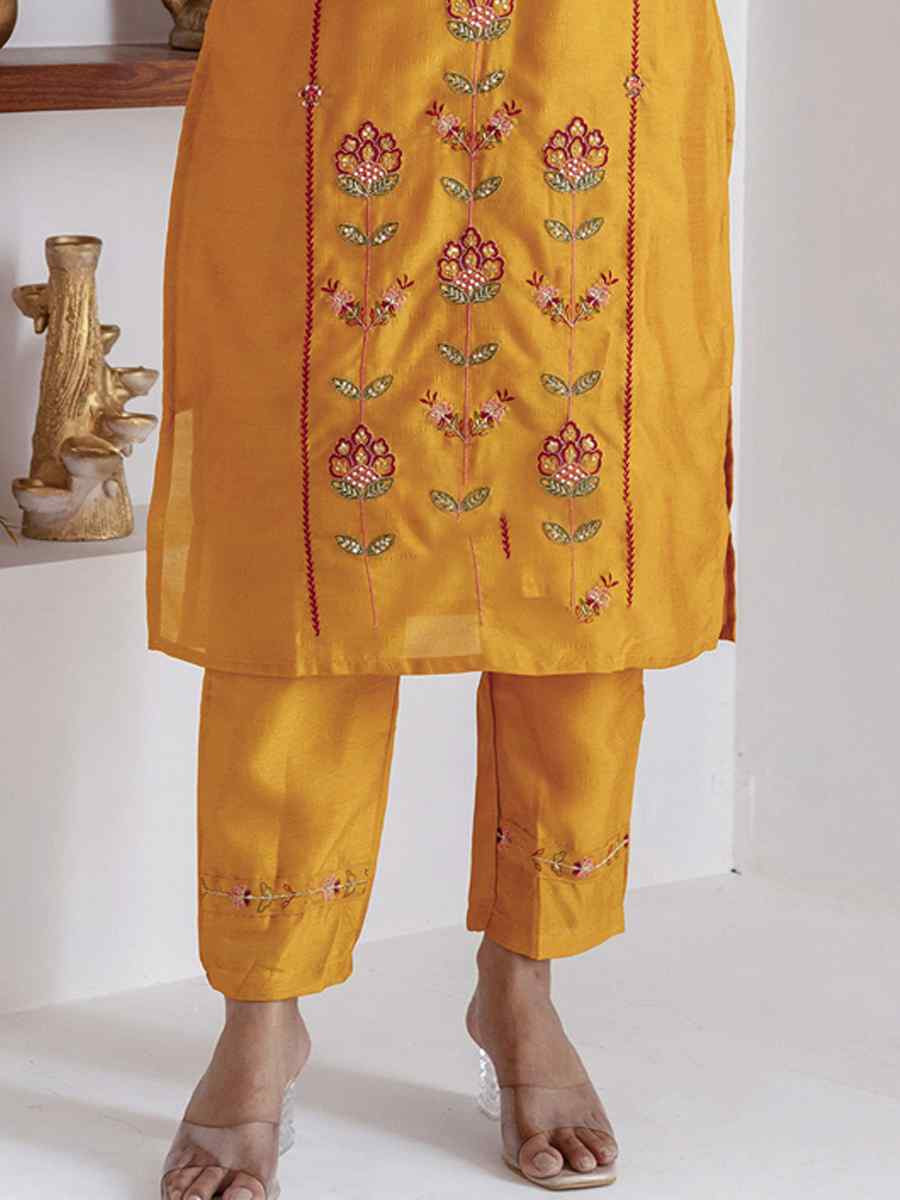 Yellow Viscose Silk Embroidery Party Wedding Festival Casual Ready Pant Salwar Kameez