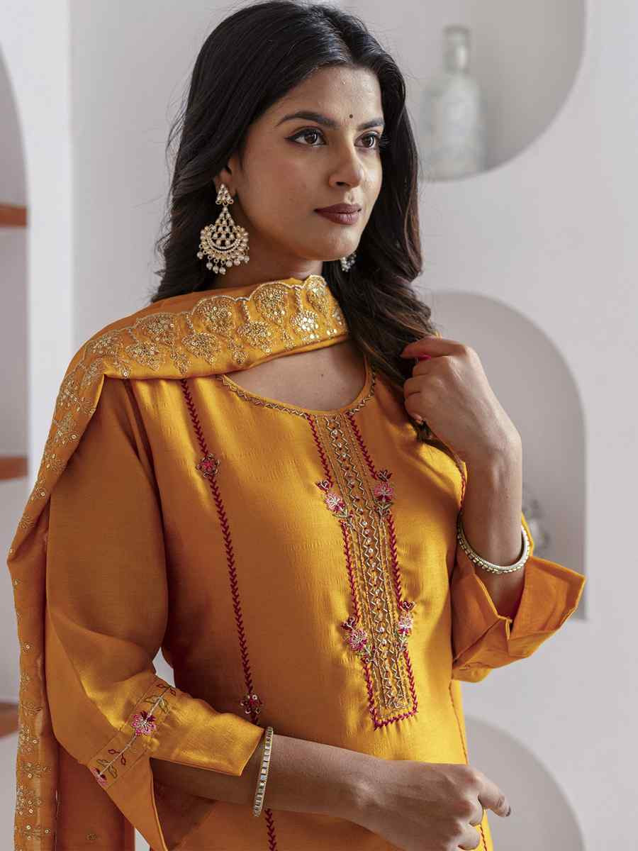 Yellow Viscose Silk Embroidery Party Wedding Festival Casual Ready Pant Salwar Kameez