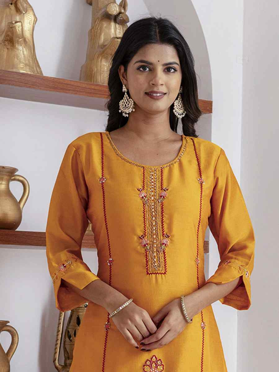 Yellow Viscose Silk Embroidery Party Wedding Festival Casual Ready Pant Salwar Kameez