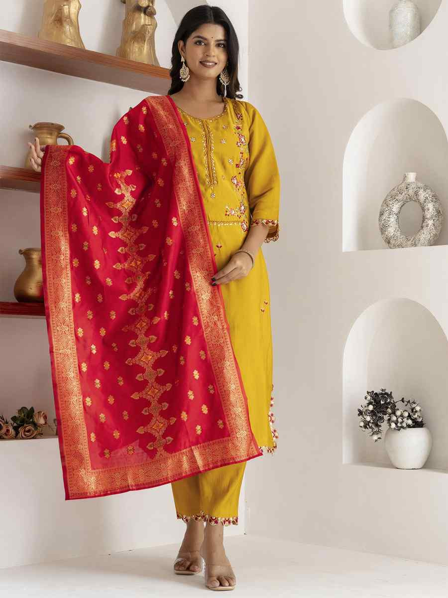 Yellow Viscose Silk Embroidery Party Wedding Festival Casual Ready Pant Salwar Kameez