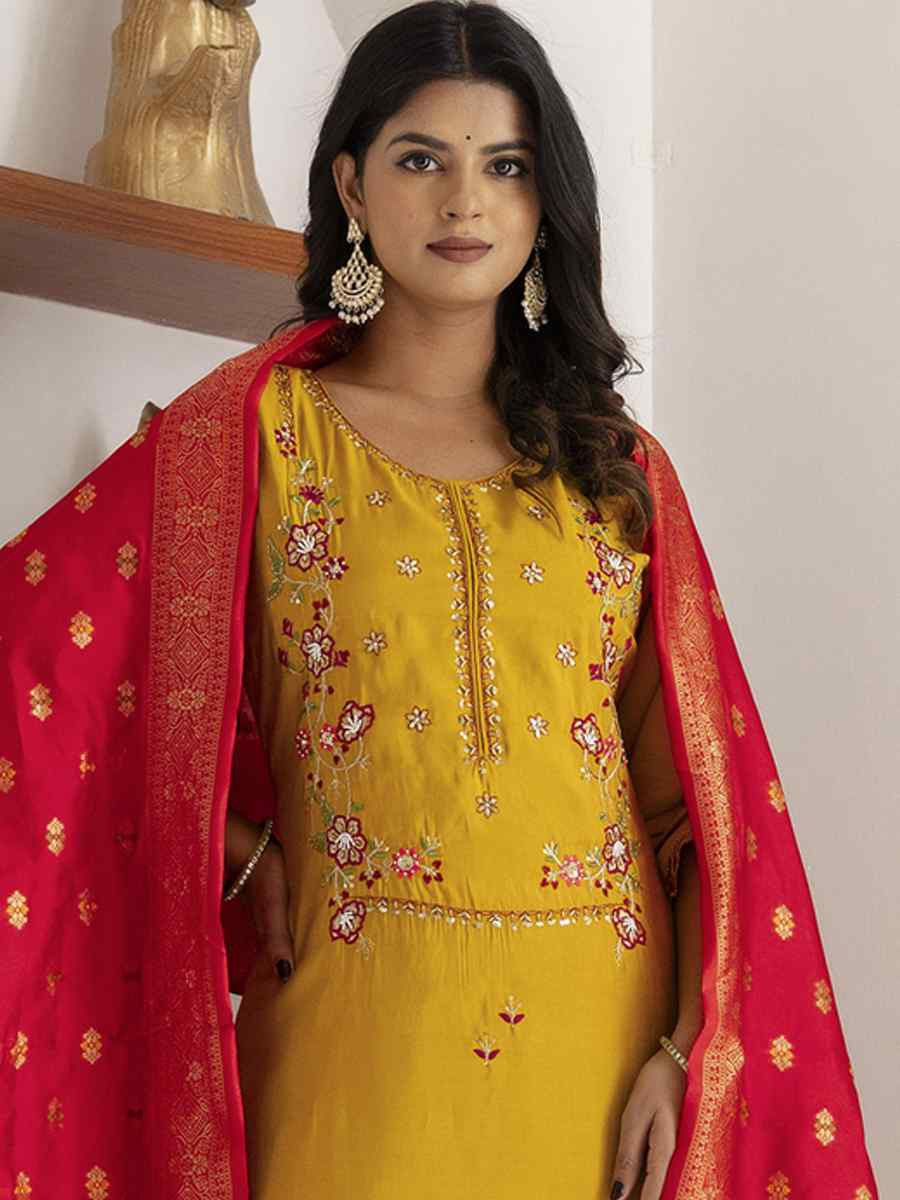Yellow Viscose Silk Embroidery Party Wedding Festival Casual Ready Pant Salwar Kameez