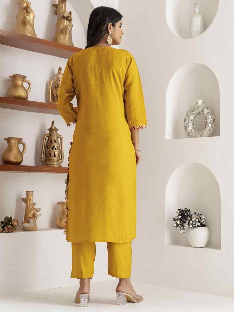Yellow Viscose Silk Embroidery Party Wedding Festival Casual Ready Pant Salwar Kameez
