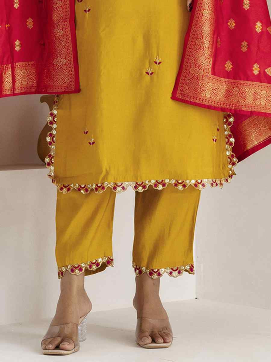 Yellow Viscose Silk Embroidery Party Wedding Festival Casual Ready Pant Salwar Kameez