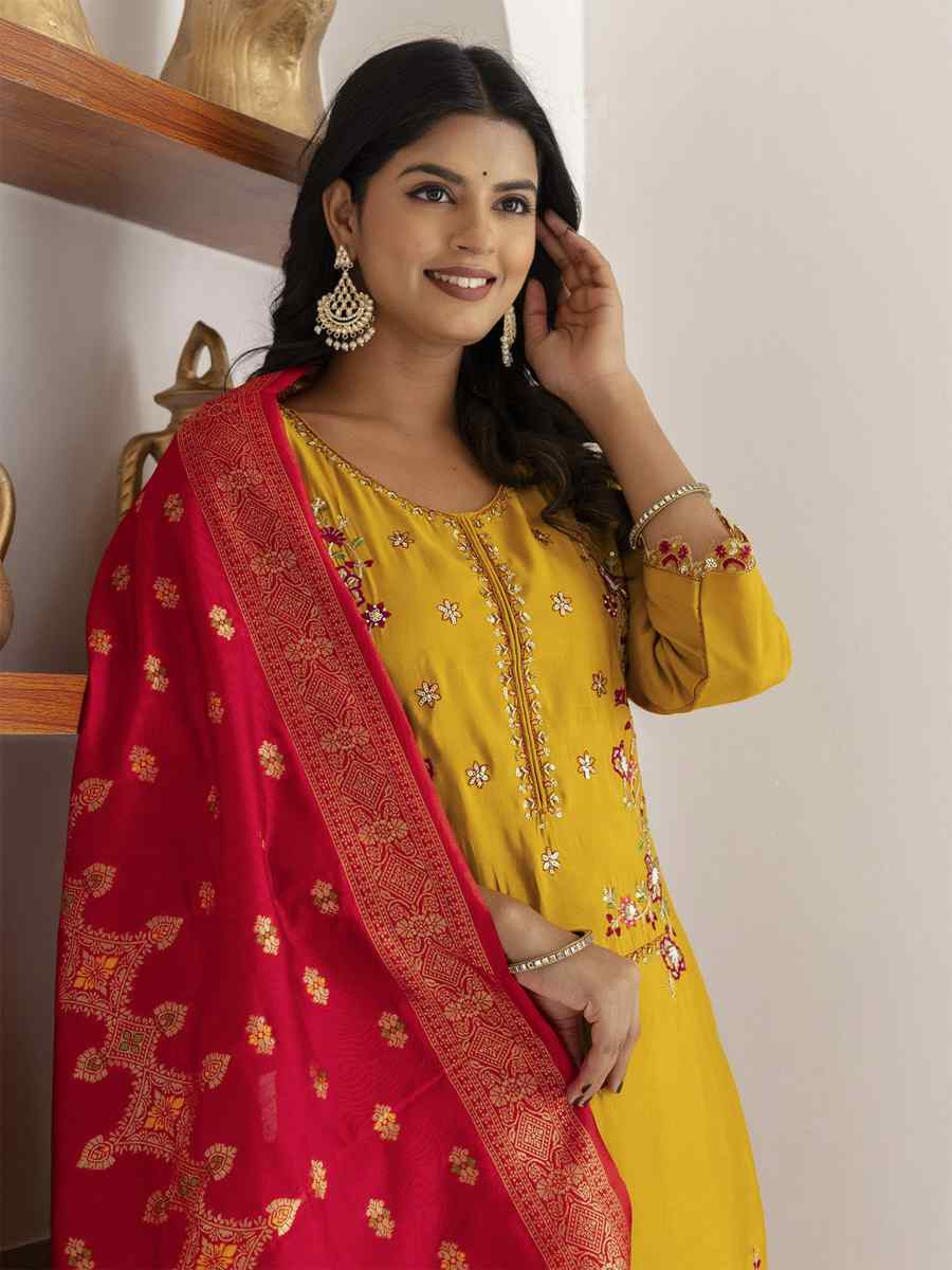 Yellow Viscose Silk Embroidery Party Wedding Festival Casual Ready Pant Salwar Kameez