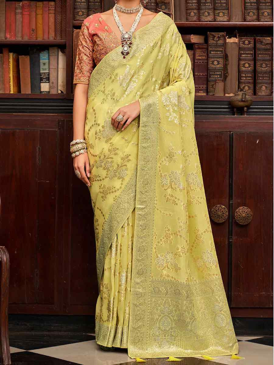 Yellow Viscose Silk Handwoven Bridal Reception Festival Wedding Fancy Heavy Border Saree