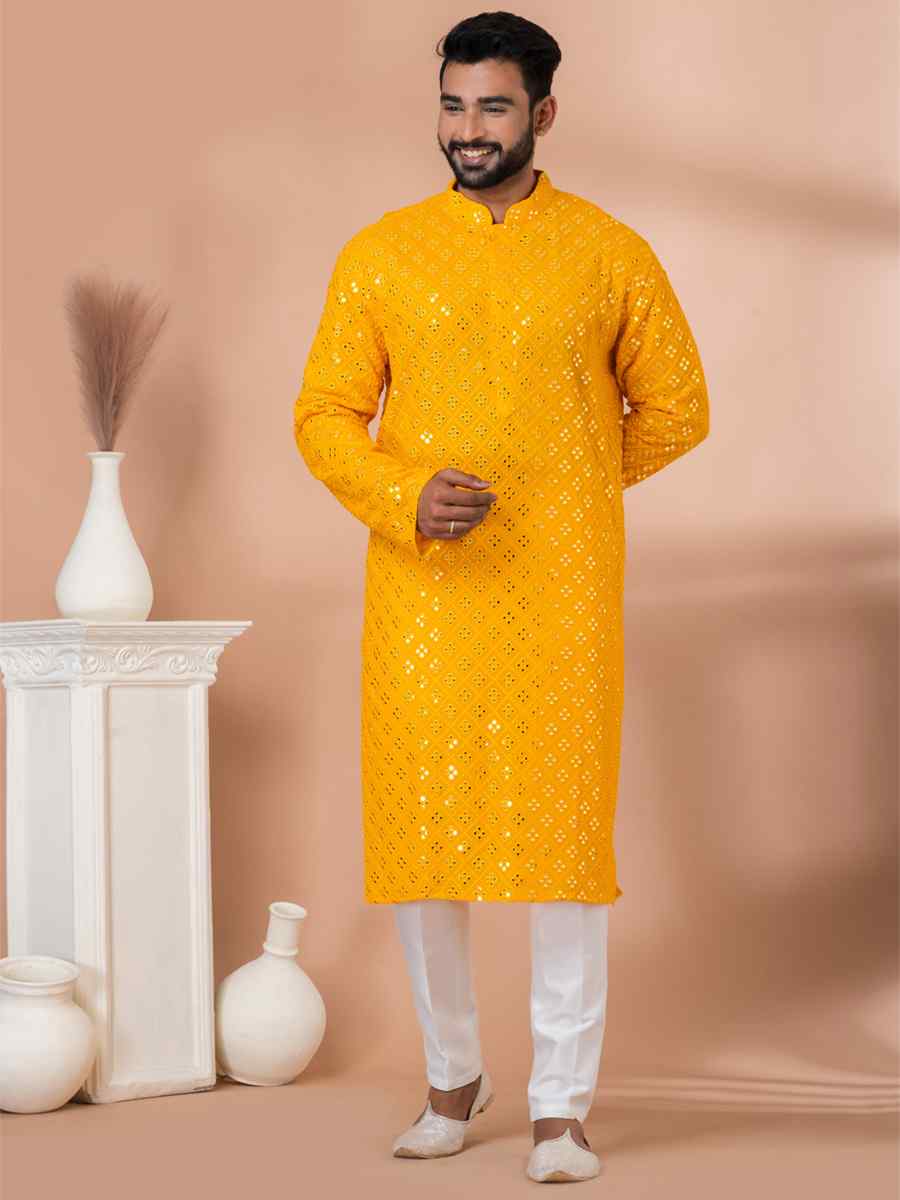 Yellow Viscose Woven Festival Wedding Kurta