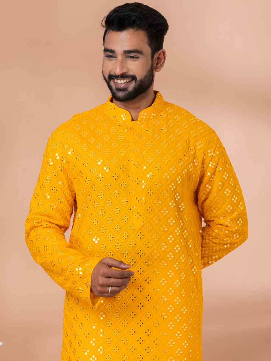Yellow Viscose Woven Festival Wedding Kurta
