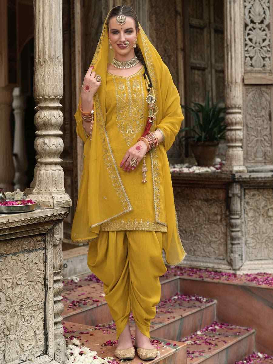 Yellow Viscouse Self Jacquard Embroidered Festival Mehendi Ready Doti Pant Salwar Kameez