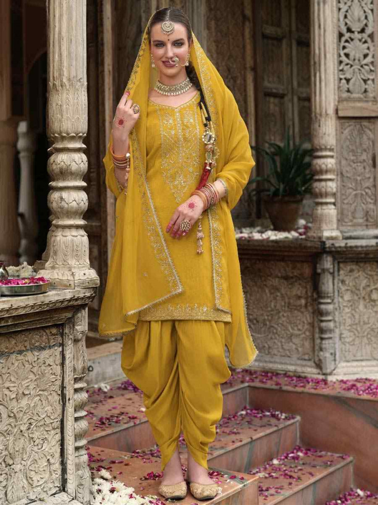 Yellow Viscouse Self Jacquard Embroidered Festival Mehendi Ready Doti Pant Salwar Kameez