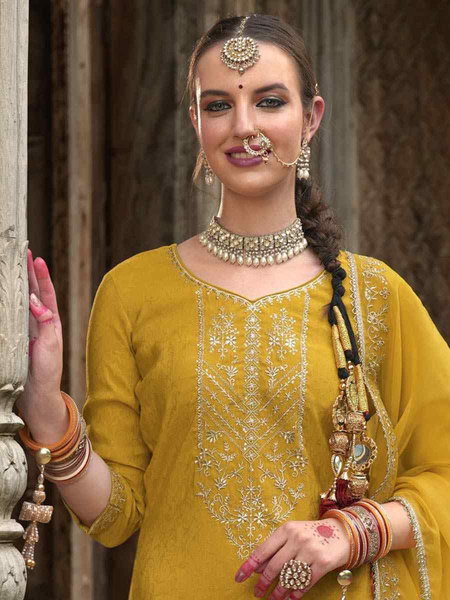 Yellow Viscouse Self Jacquard Embroidered Festival Mehendi Ready Doti Pant Salwar Kameez