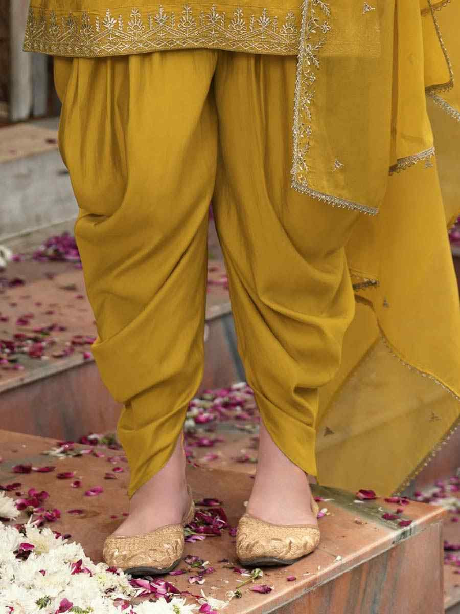 Yellow Viscouse Self Jacquard Embroidered Festival Mehendi Ready Doti Pant Salwar Kameez