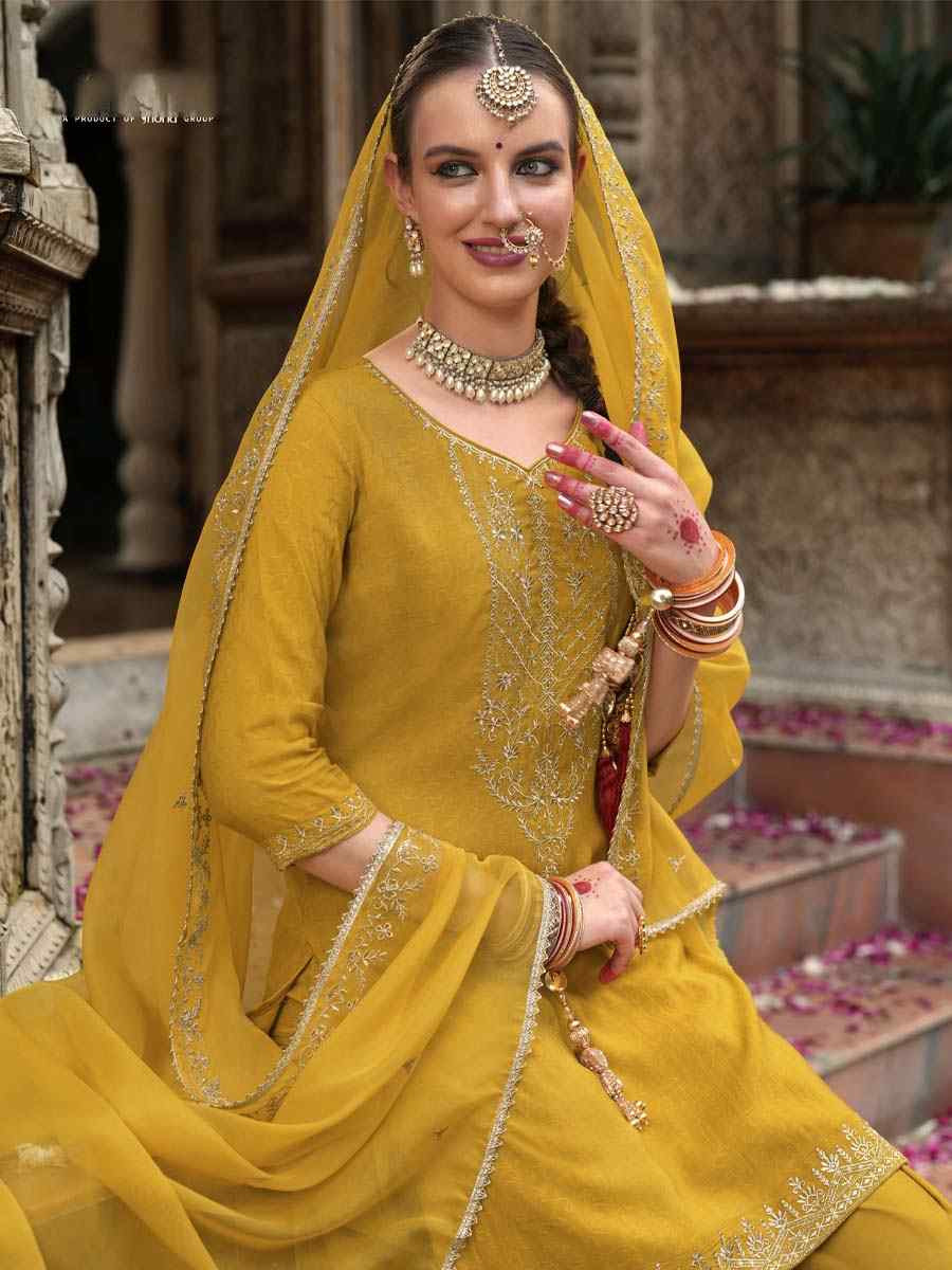 Yellow Viscouse Self Jacquard Embroidered Festival Mehendi Ready Doti Pant Salwar Kameez